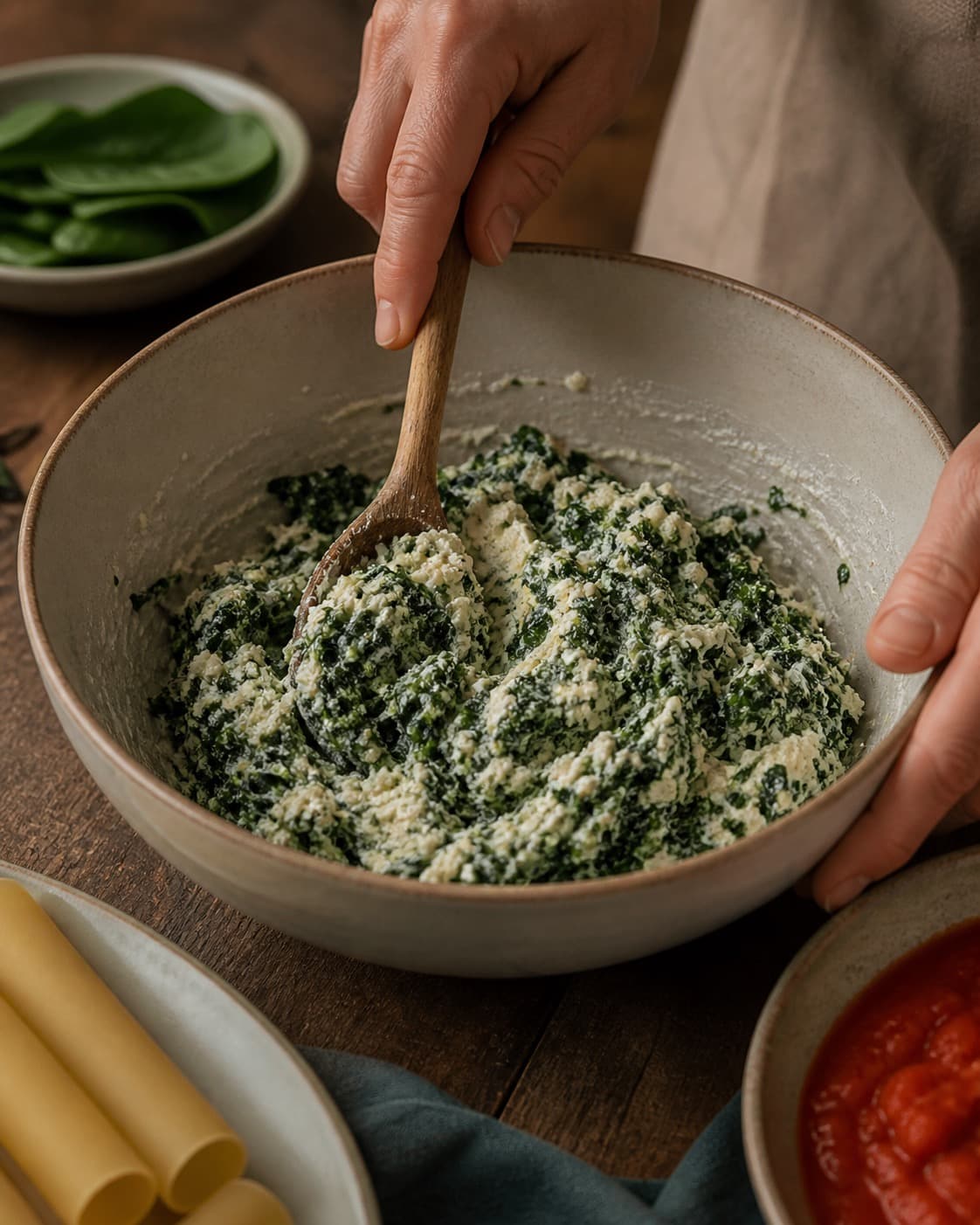 spinatskånsom ricottafyld samles nænsomt til cannellonierne i en røreskål under tilberedningen af cannelloni med spinat, ricotta og ristet peberfrugtsauce