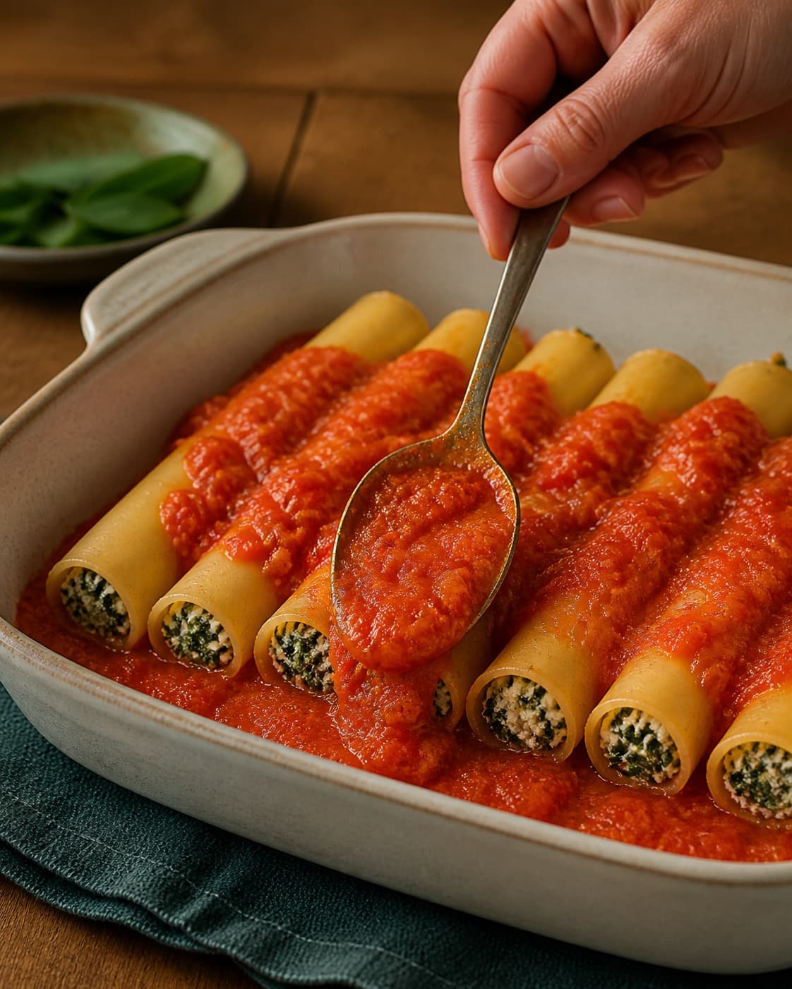 peberfrugtsauce og fyldte pastarør fordeles jævnt i den ubagte cannellonierne under tilberedningen af cannelloni med spinat, ricotta og ristet peberfrugtsauce