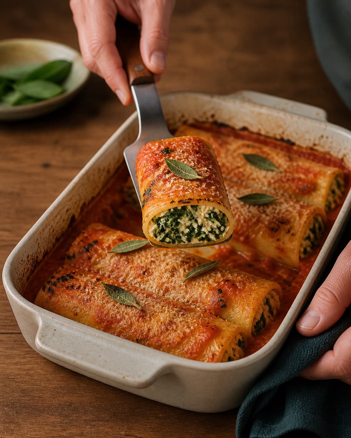 cannellonierne bager gylden i formen med synlig fast midte under tilberedningen af cannelloni med spinat, ricotta og ristet peberfrugtsauce
