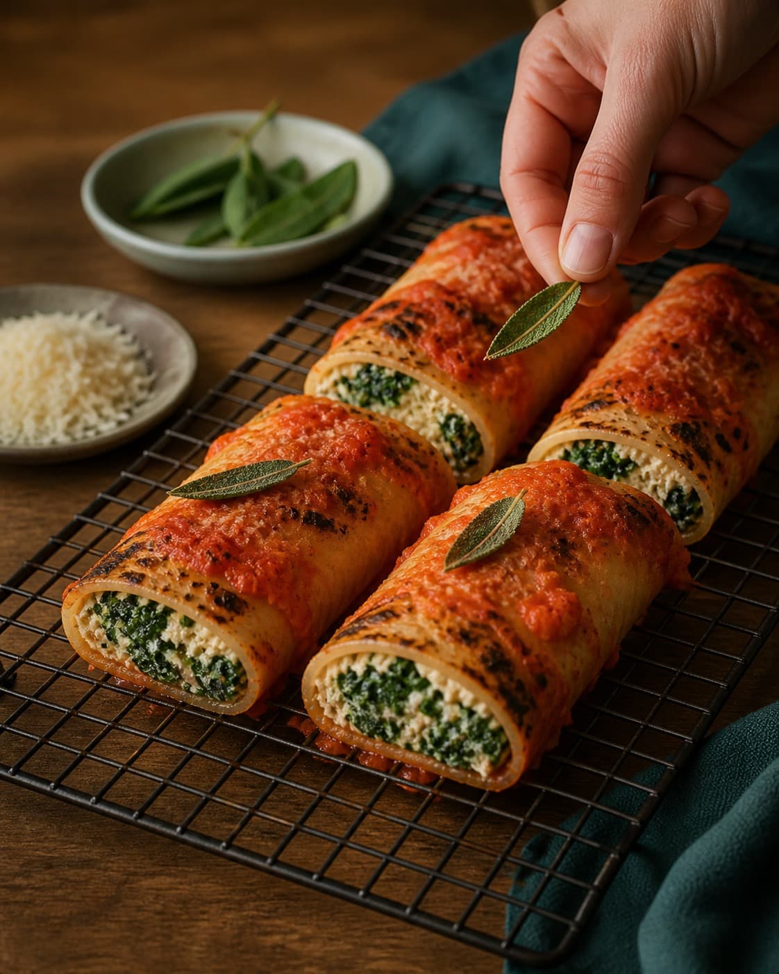 cannellonierne hviler på rist før sprød salvie og parmesan tilføjes under tilberedningen af cannelloni med spinat, ricotta og ristet peberfrugtsauce