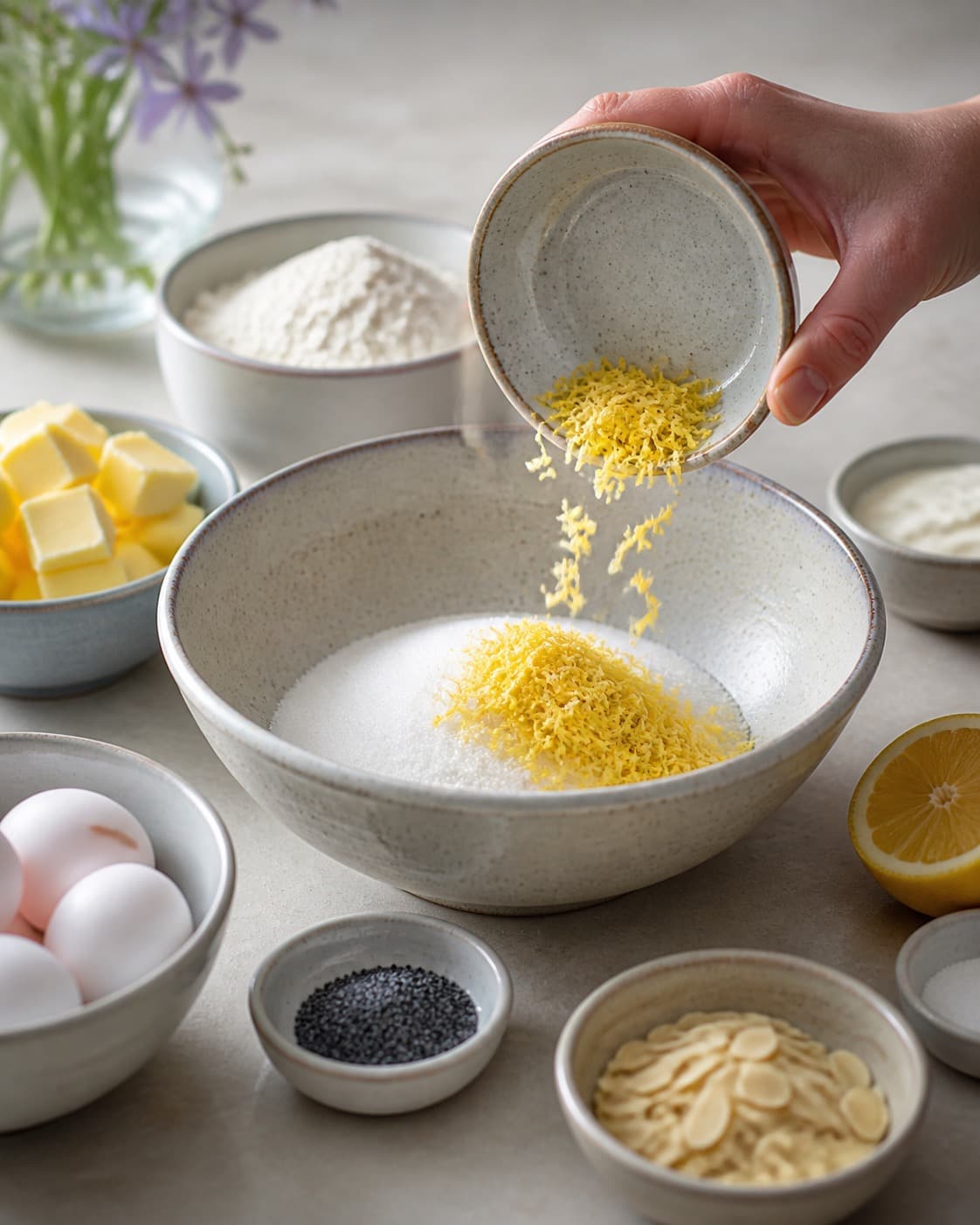 Afvejede råvarer til citronkagen ligger adskilt i små skåle under tilberedningen af citronkage med birkes, marcipan og skyrfrosting