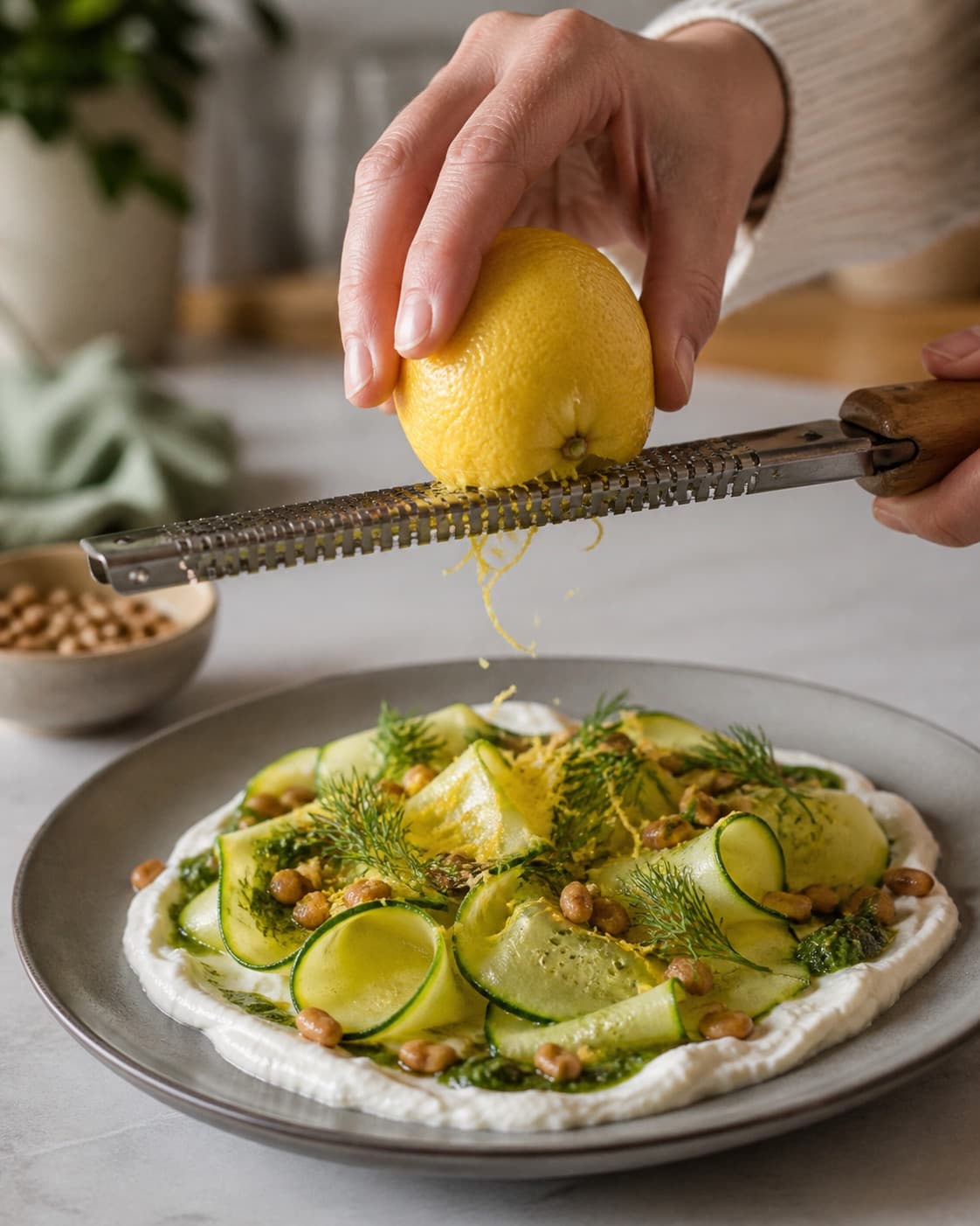 squashsalaten anrettes luftigt med pisket ricotta, pinjekerner og citronskal under tilberedningen af squashsalat med urtepesto, ricotta og pinjekerner