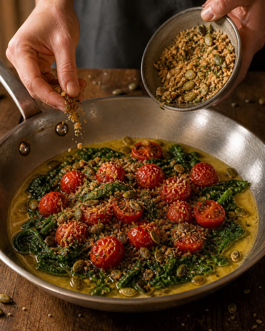 ovntomater, spinat og rosmarinkrumme bygges i en bred pande med blank smagsbase under tilberedningen af cremet polenta med bagte tomater og spinat
