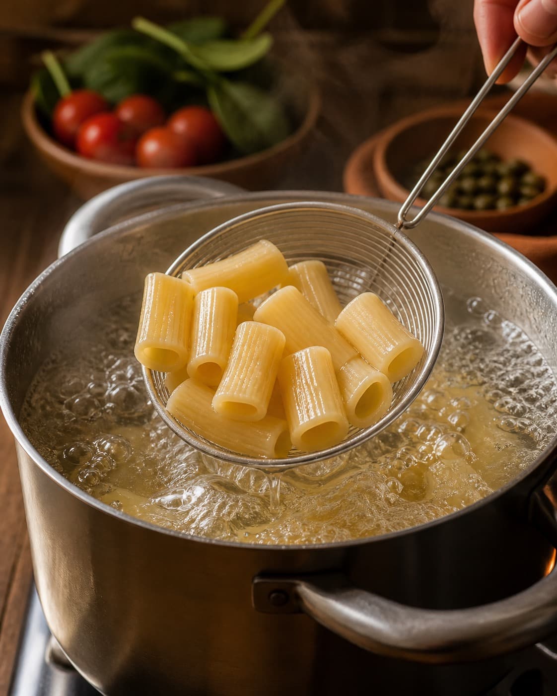 Pasta løftes fra boblende vand med tydelig fast kerne under tilberedningen af cremet polenta med bagte tomater og spinat