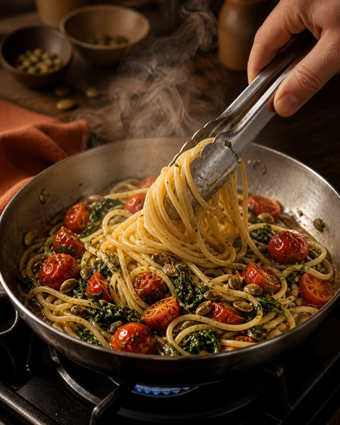 Pasta svinges blank med ovntomater, spinat og rosmarinkrumme og en smule pastavand under tilberedningen af cremet polenta med bagte tomater og spinat
