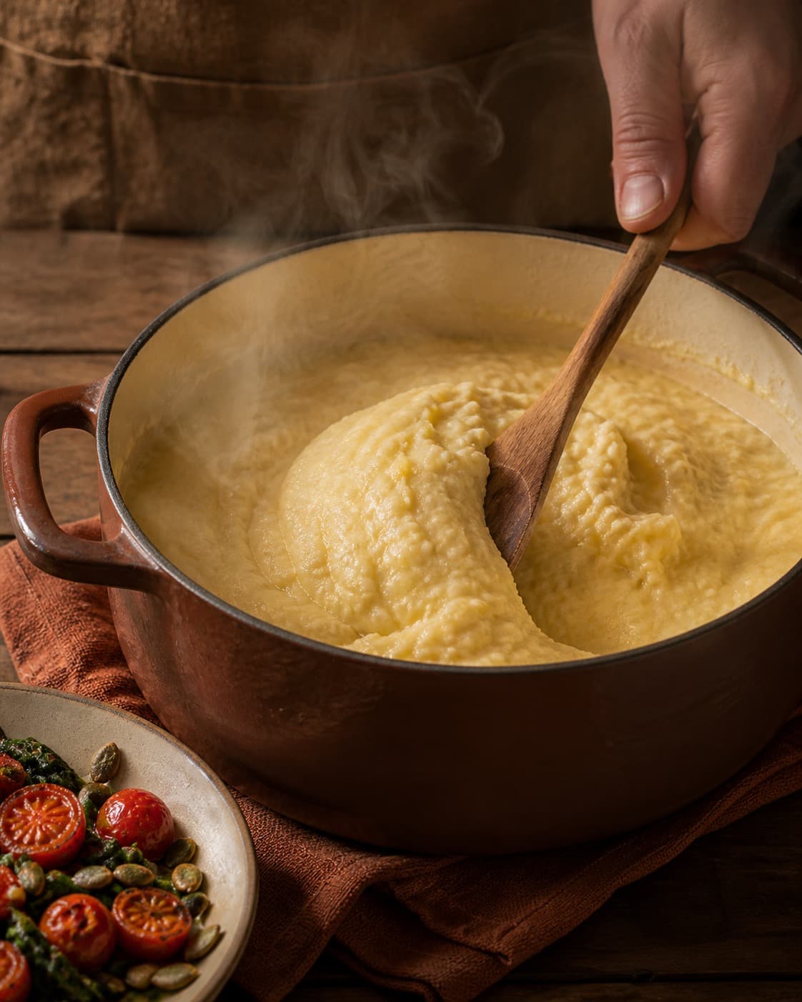 cremet polenta justeres cremet væk fra hård varme under tilberedningen af cremet polenta med bagte tomater og spinat