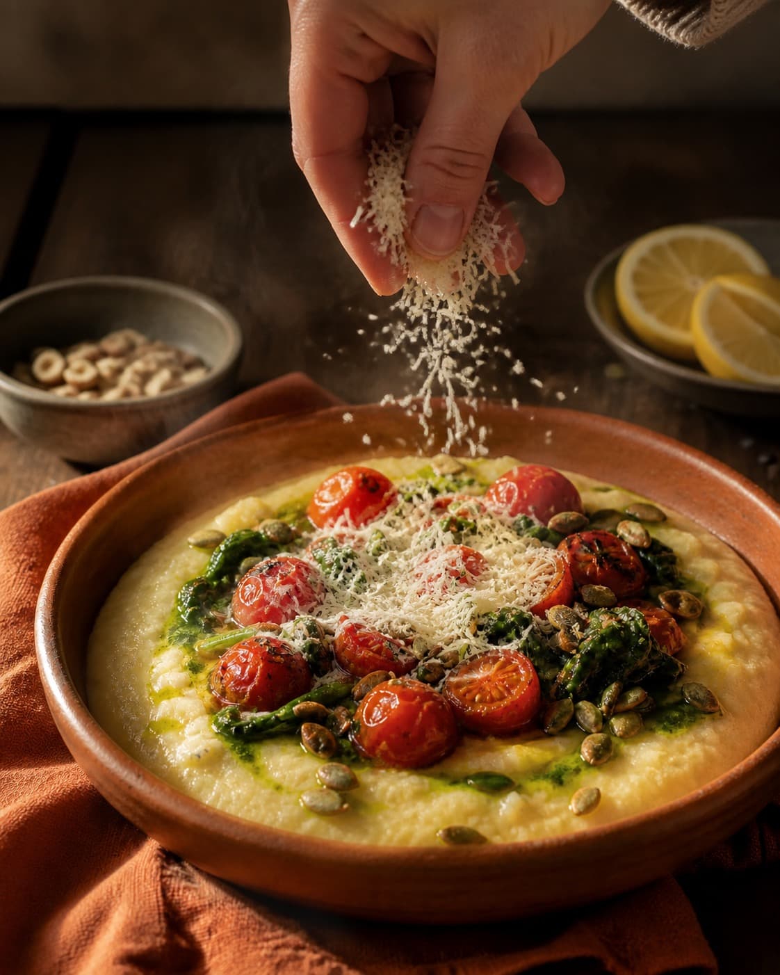 cremet polenta får parmesan, citron og hasselnødder lige før servering under tilberedningen af cremet polenta med bagte tomater og spinat