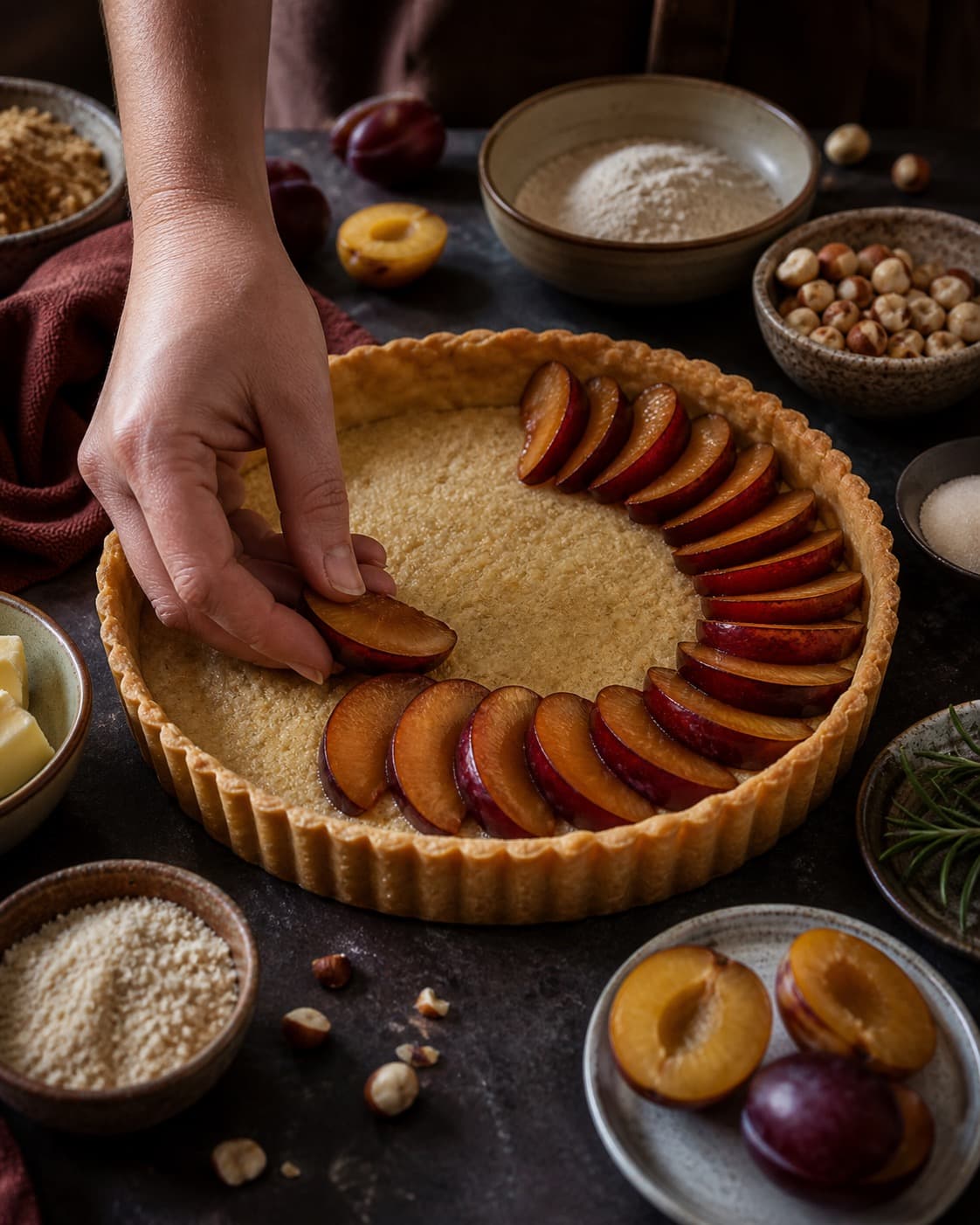 Afvejede råvarer til blommetærten ligger adskilt i små skåle under tilberedningen af blommetærte med hasselnøddefrangipane og rosmarin