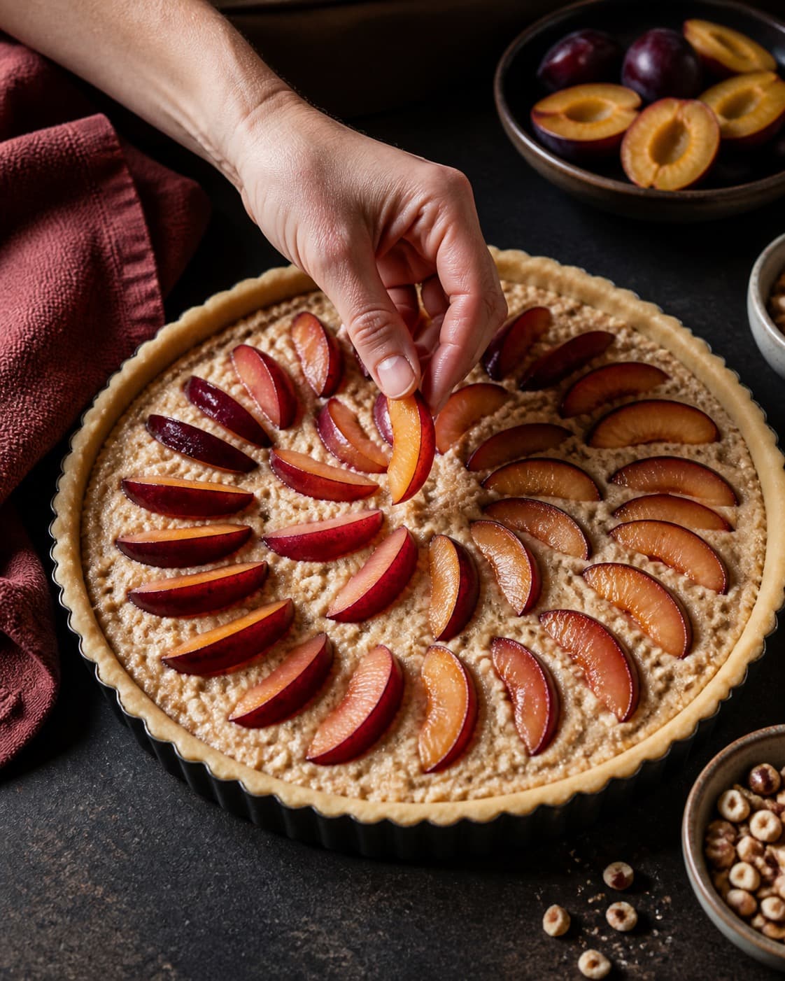 hasselnøddefrangipane og blommevifter fordeles jævnt i den ubagte blommetærten under tilberedningen af blommetærte med hasselnøddefrangipane og rosmarin