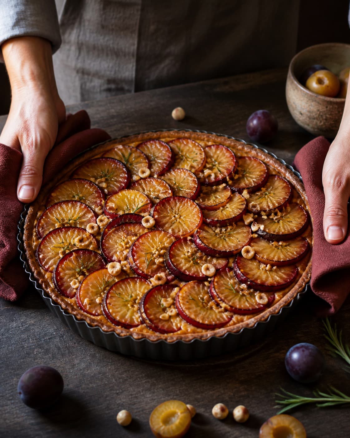 blommetærten bager gylden i formen med synlig fast midte under tilberedningen af blommetærte med hasselnøddefrangipane og rosmarin