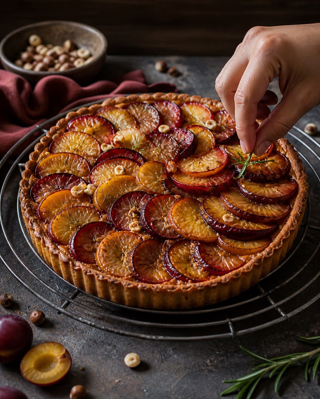 blommetærten hviler på rist før rosmarinsukker og citronskal tilføjes under tilberedningen af blommetærte med hasselnøddefrangipane og rosmarin