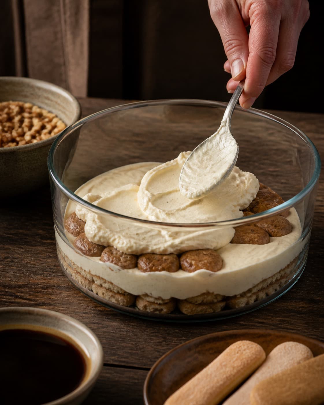 tiramisuen bygges i tydelige lag af frugt creme og knas under tilberedningen af tiramisu med hasselnød, kaffe og marsala