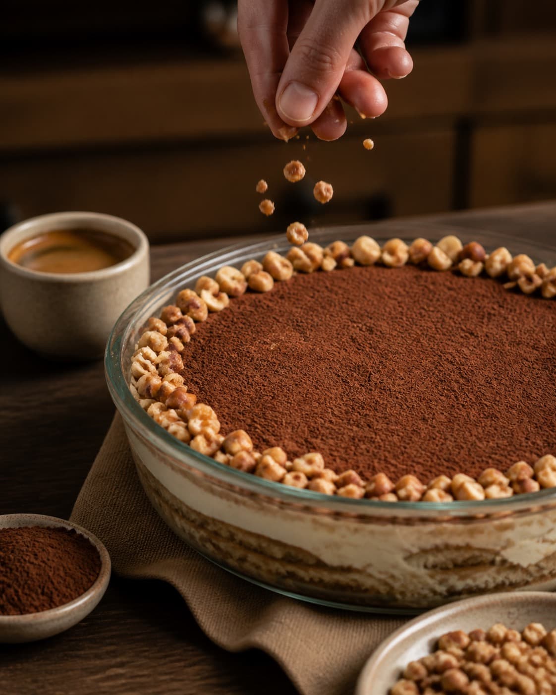 tiramisuen afsluttes kold med ristet hasselnød og kakao under tilberedningen af tiramisu med hasselnød, kaffe og marsala