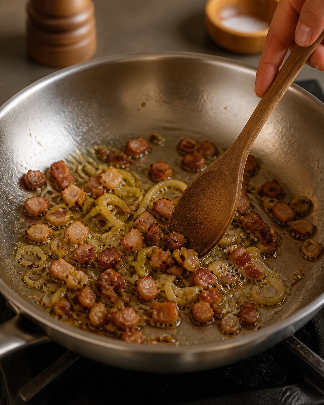 guanciale, porre og peberfedt bygges i en bred pande med blank smagsbase under tilberedningen af spaghetti carbonara med porre og sprød guanciale