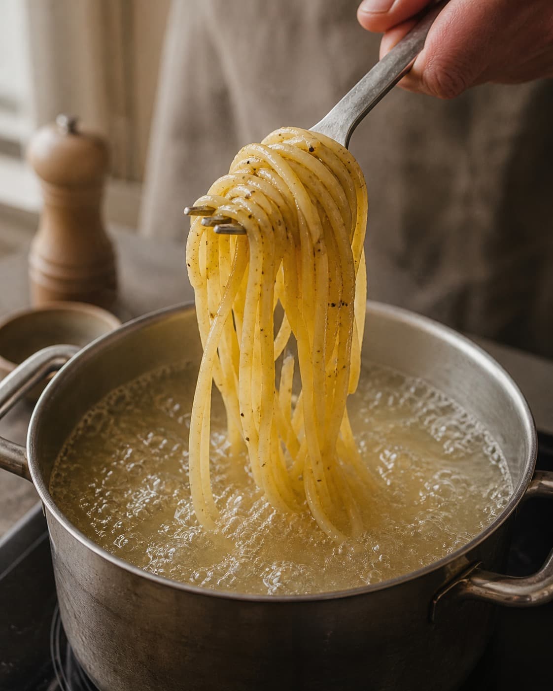 Pasta løftes fra boblende vand med tydelig fast kerne under tilberedningen af spaghetti carbonara med porre og sprød guanciale