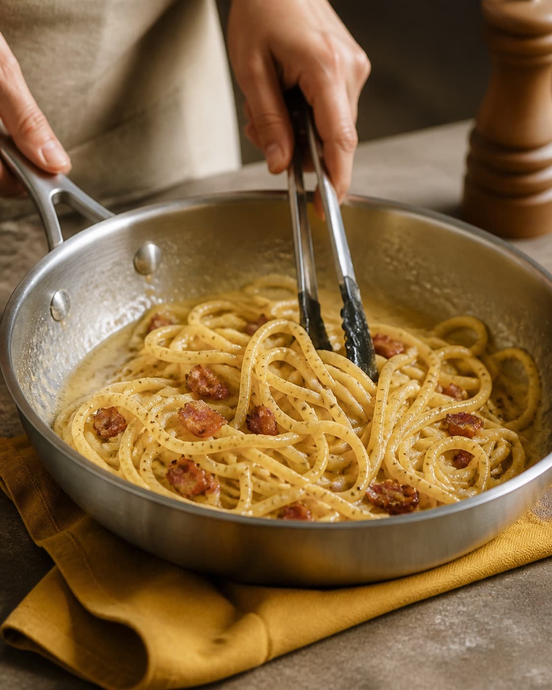 spaghetti carbonara justeres cremet væk fra hård varme under tilberedningen af spaghetti carbonara med porre og sprød guanciale