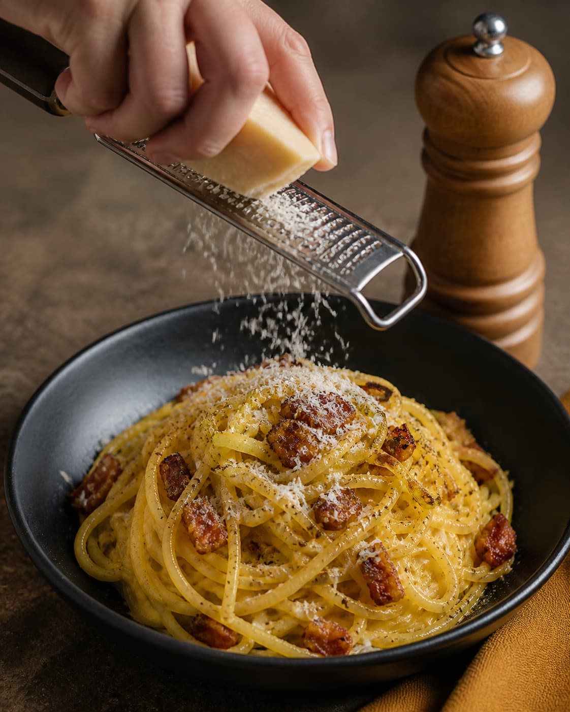 spaghetti carbonara får pecorino og frisk sort peber lige før servering under tilberedningen af spaghetti carbonara med porre og sprød guanciale