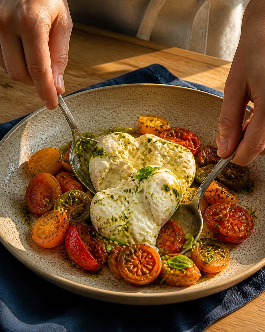 burrata med tomater vendes nænsomt med basilikum-persilleolien under tilberedningen af burrata med tomater, urteolie og sprødt rugbrød