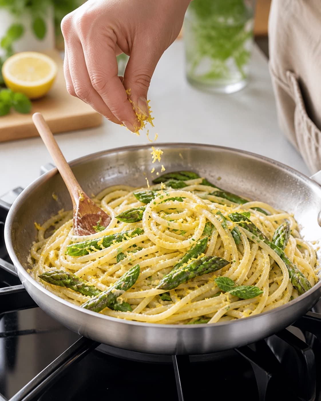asparges, citron og smør bygges i en bred pande med blank smagsbase under tilberedningen af citronpasta med asparges, mynte og pecorino