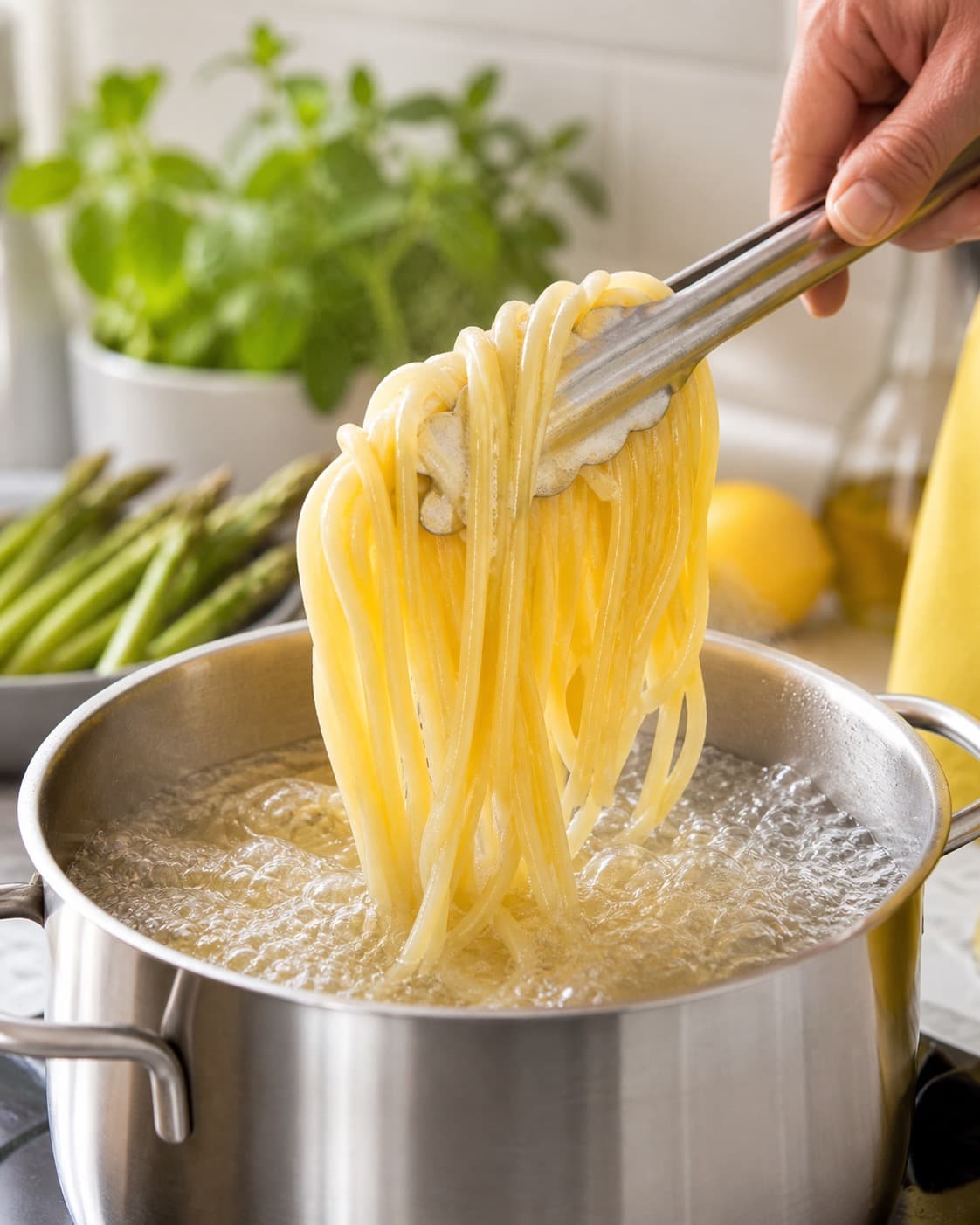 Pasta løftes fra boblende vand med tydelig fast kerne under tilberedningen af citronpasta med asparges, mynte og pecorino