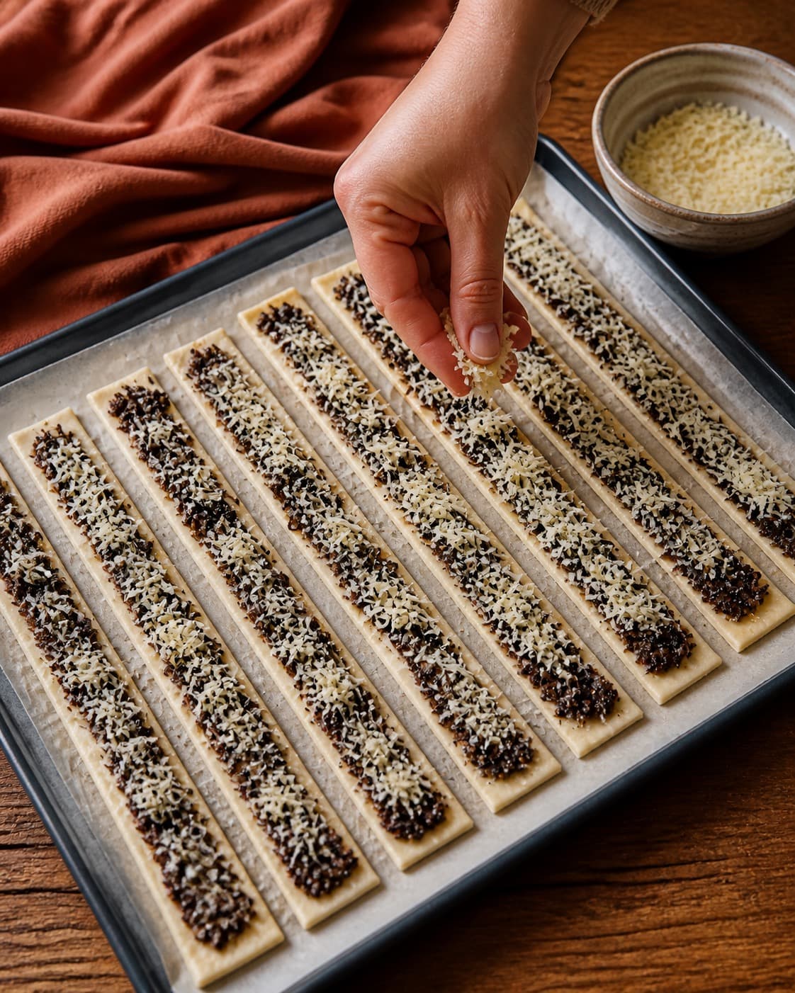 oliventapenade og parmesan fordeles jævnt i den ubagte butterdejsstængerne under tilberedningen af butterdejsstænger med oliventapenade og sesam