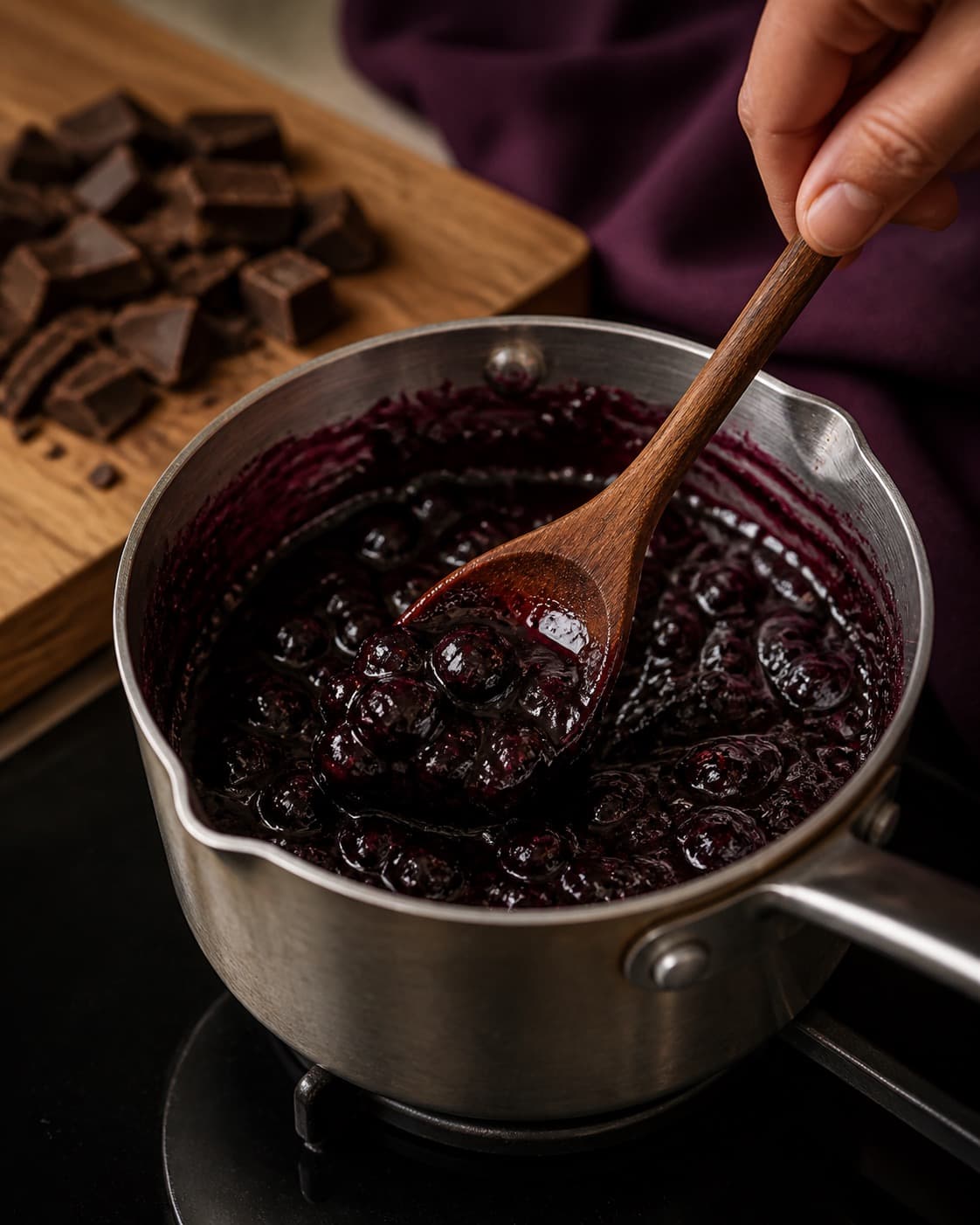 solbærkompot og chokoladestykker klargøres blank og fast til solbærisen under tilberedningen af solbæris med kompot, mørk chokolade og kardemomme