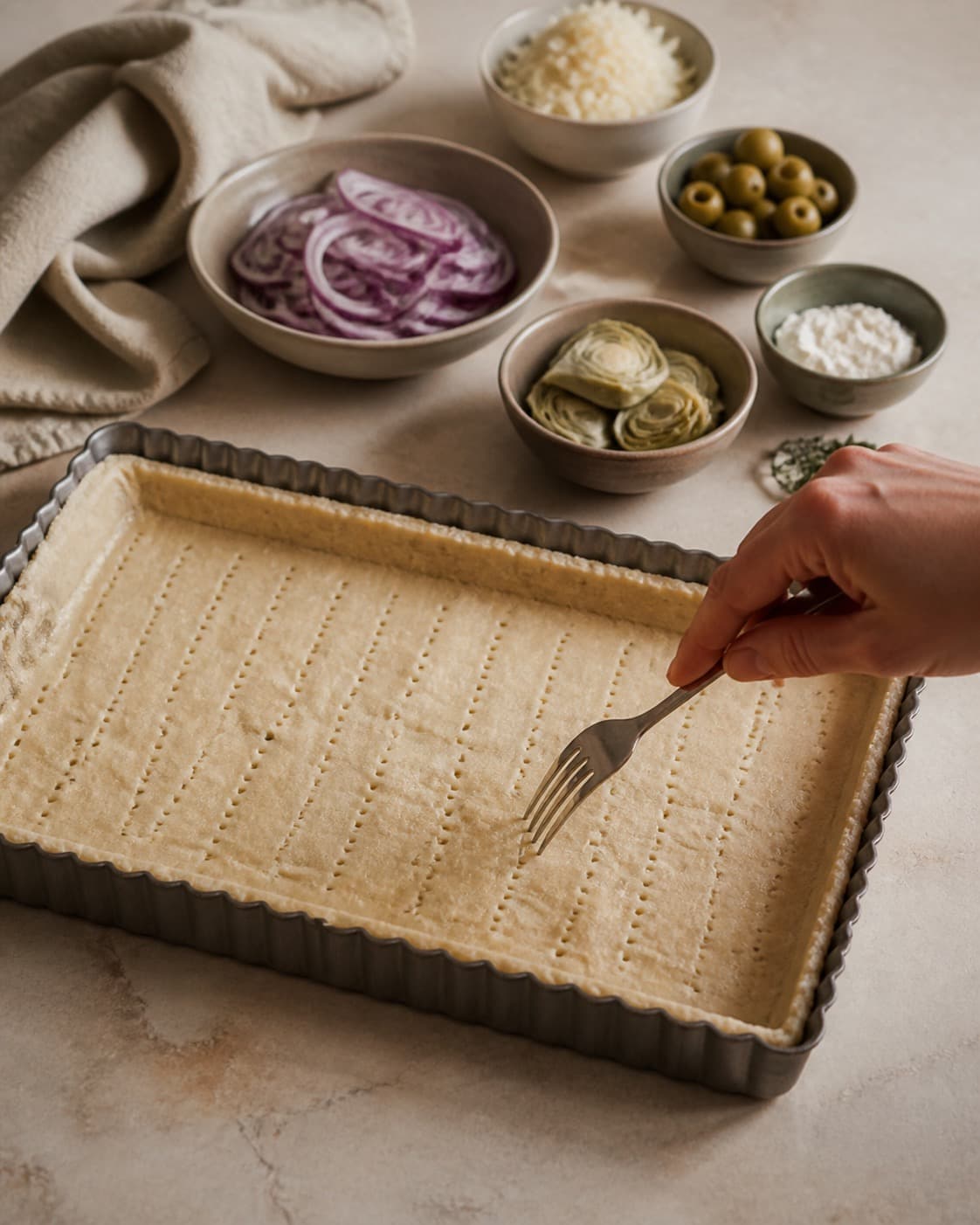 Afvejede råvarer til artiskoktærten ligger adskilt i små skåle under tilberedningen af artiskoktærte med ricotta, citron og oliven