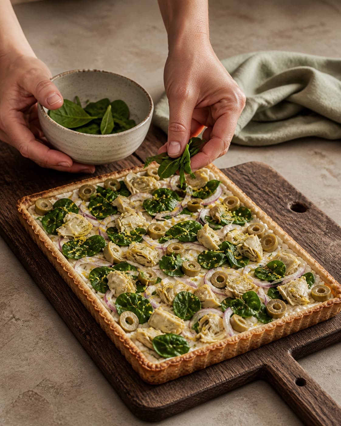 citronricotta, spinat og artiskok fordeles jævnt i den ubagte artiskoktærten under tilberedningen af artiskoktærte med ricotta, citron og oliven