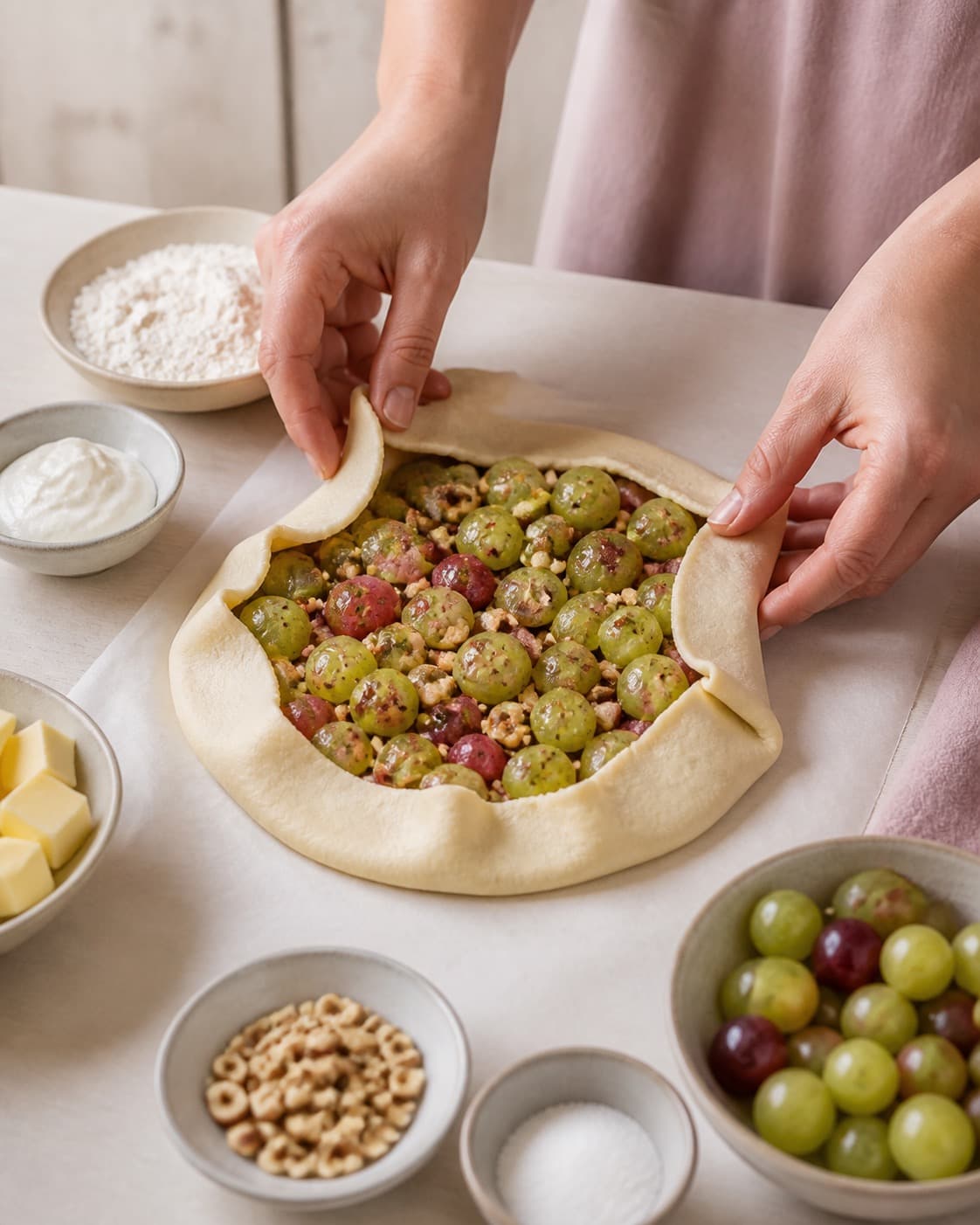 Afvejede råvarer til stikkelsbærgaletten ligger adskilt i små skåle under tilberedningen af stikkelsbærgalette med hasselnød og hyldeblomst