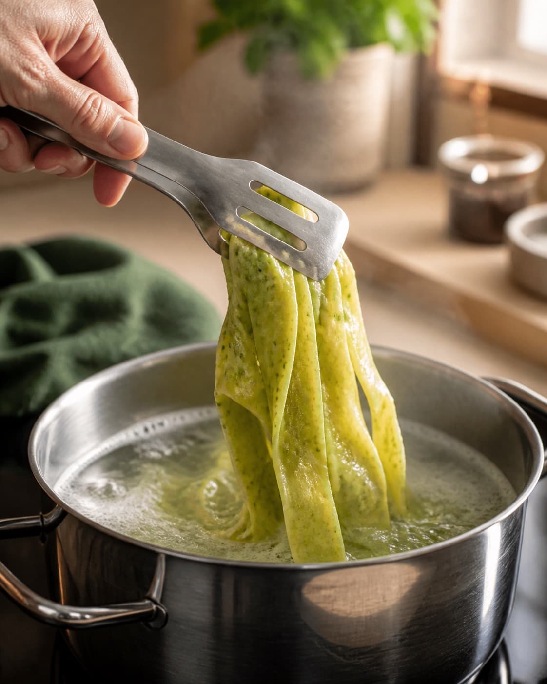 Pasta løftes fra boblende vand med tydelig fast kerne under tilberedningen af pasta pesto med broccoli, mandel og citron