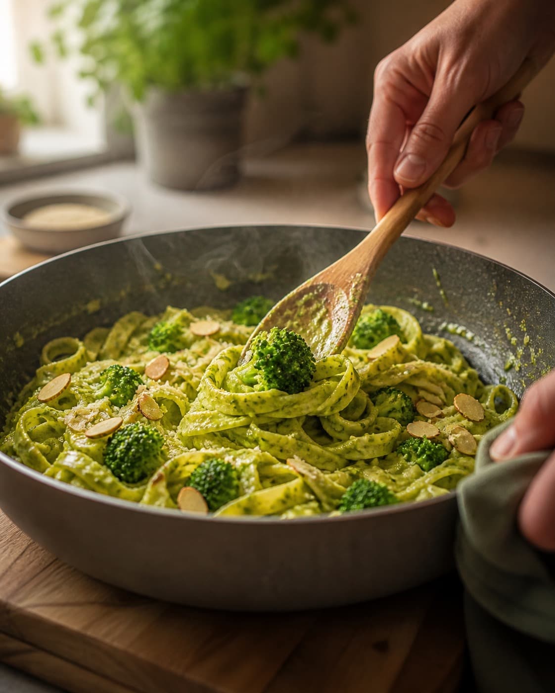 pasta pesto justeres cremet væk fra hård varme under tilberedningen af pasta pesto med broccoli, mandel og citron
