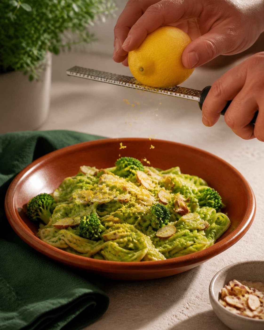 pasta pesto får ristede mandler, broccoli og citron lige før servering under tilberedningen af pasta pesto med broccoli, mandel og citron