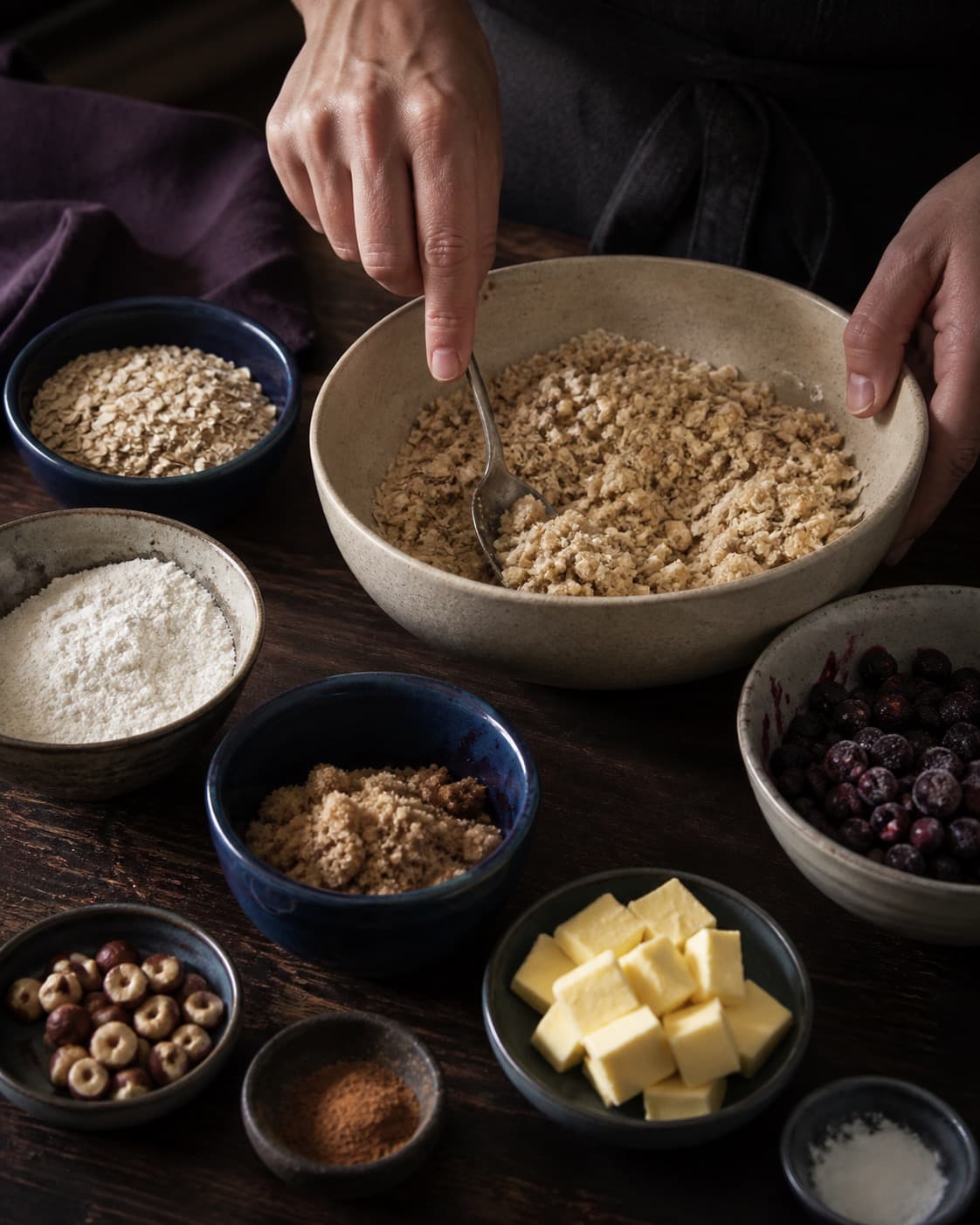 Afvejede råvarer til solbærcrumblen ligger adskilt i små skåle under tilberedningen af solbærcrumble med chokolade, hasselnød og rug