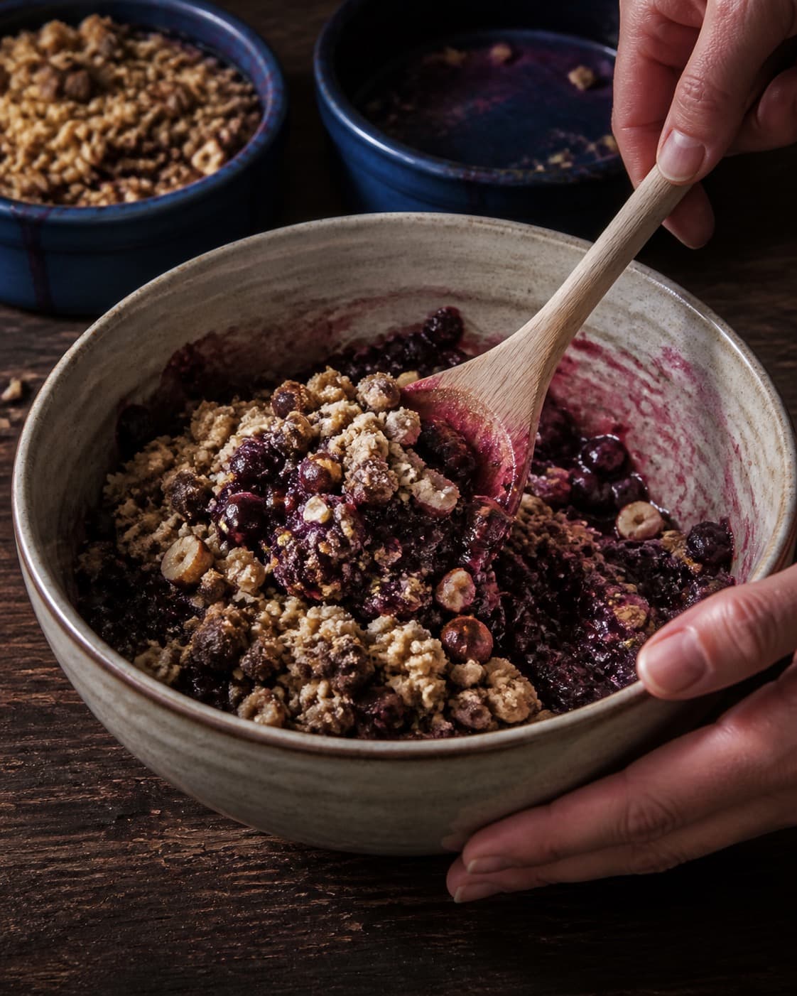 den grove rug-hasselnøddecrumble samles nænsomt til solbærcrumblen i en røreskål under tilberedningen af solbærcrumble med chokolade, hasselnød og rug