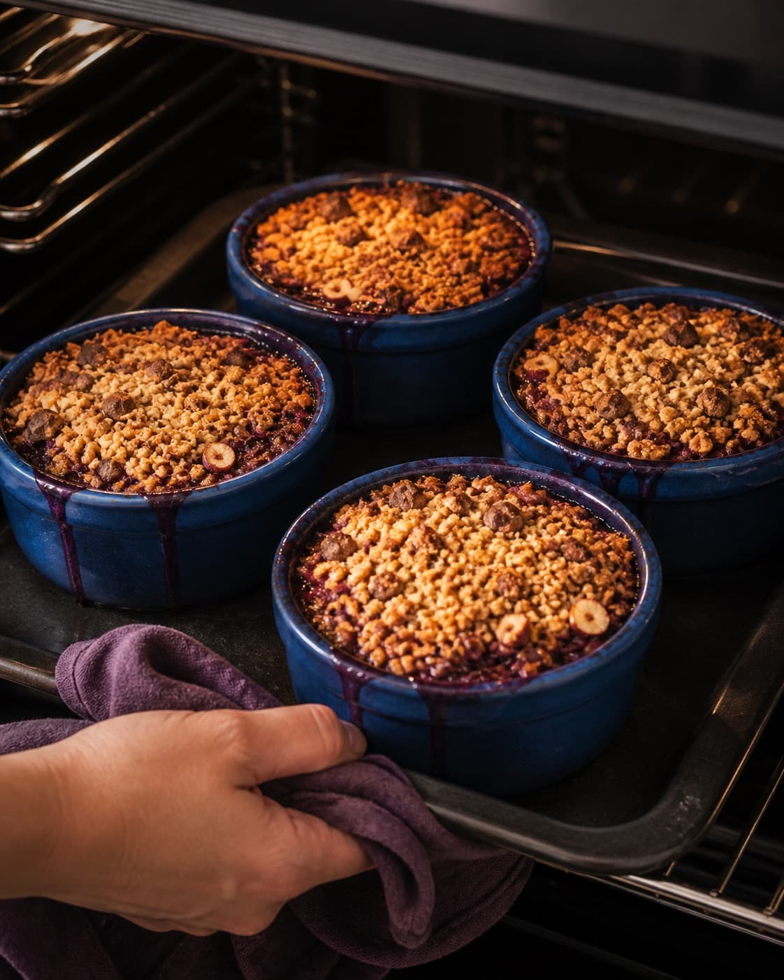 solbærcrumblen bager gylden i formen med synlig fast midte under tilberedningen af solbærcrumble med chokolade, hasselnød og rug