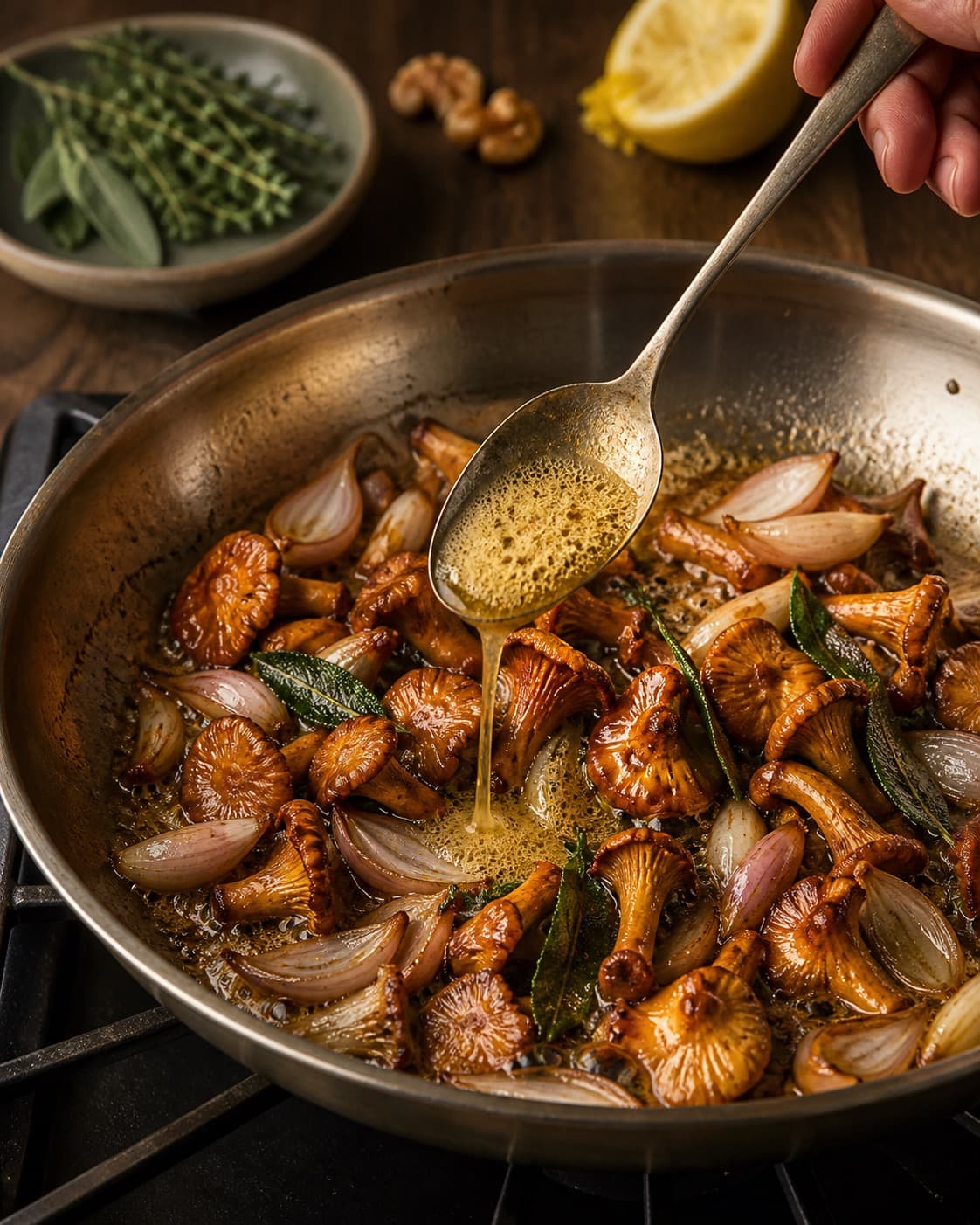 kantareller, skalotteløg og brunet citronsmør bygges i en bred pande med blank smagsbase under tilberedningen af pasta med kantareller, rucola og brunet smør