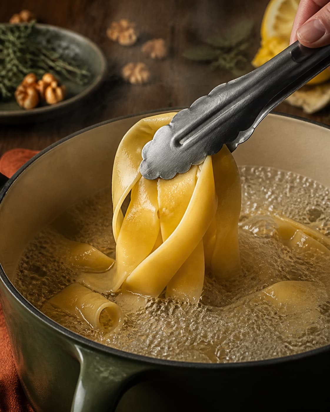 Pasta løftes fra boblende vand med tydelig fast kerne under tilberedningen af pasta med kantareller, rucola og brunet smør