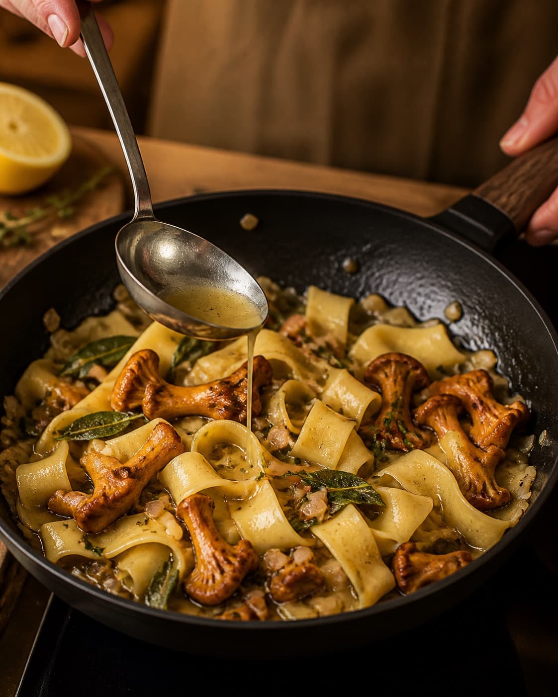 Pasta svinges blank med kantareller, skalotteløg og brunet citronsmør og en smule pastavand under tilberedningen af pasta med kantareller, rucola og brunet smør
