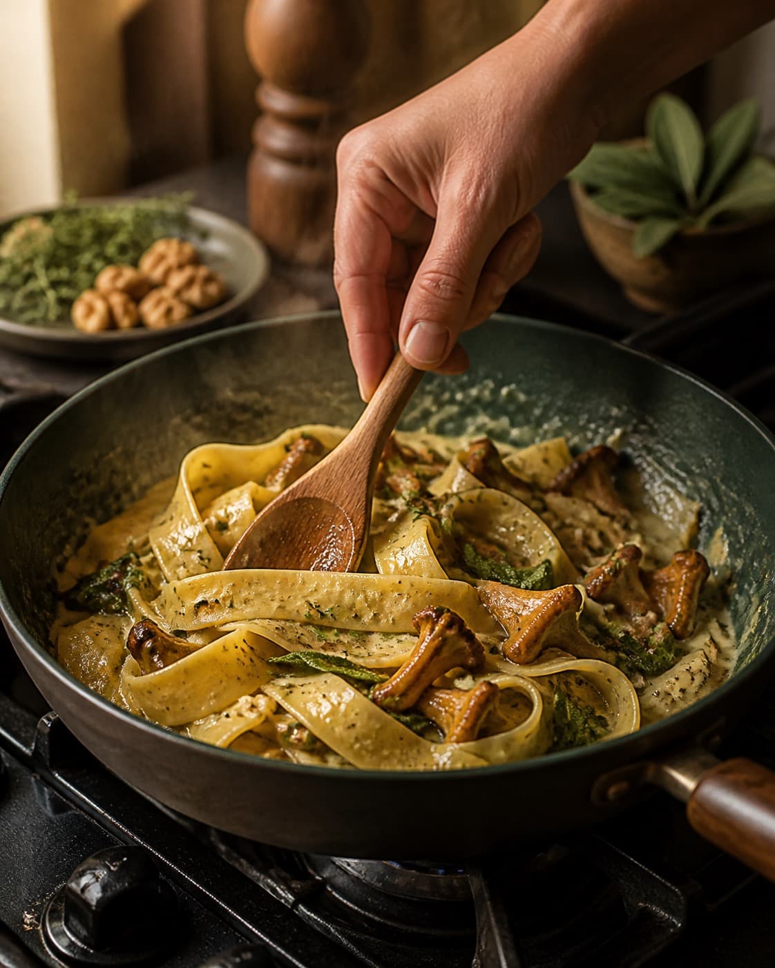 pasta med kantareller justeres cremet væk fra hård varme under tilberedningen af pasta med kantareller, rucola og brunet smør