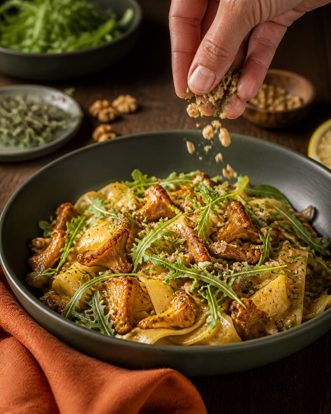 pasta med kantareller får rucola, timian og hasselnødder lige før servering under tilberedningen af pasta med kantareller, rucola og brunet smør