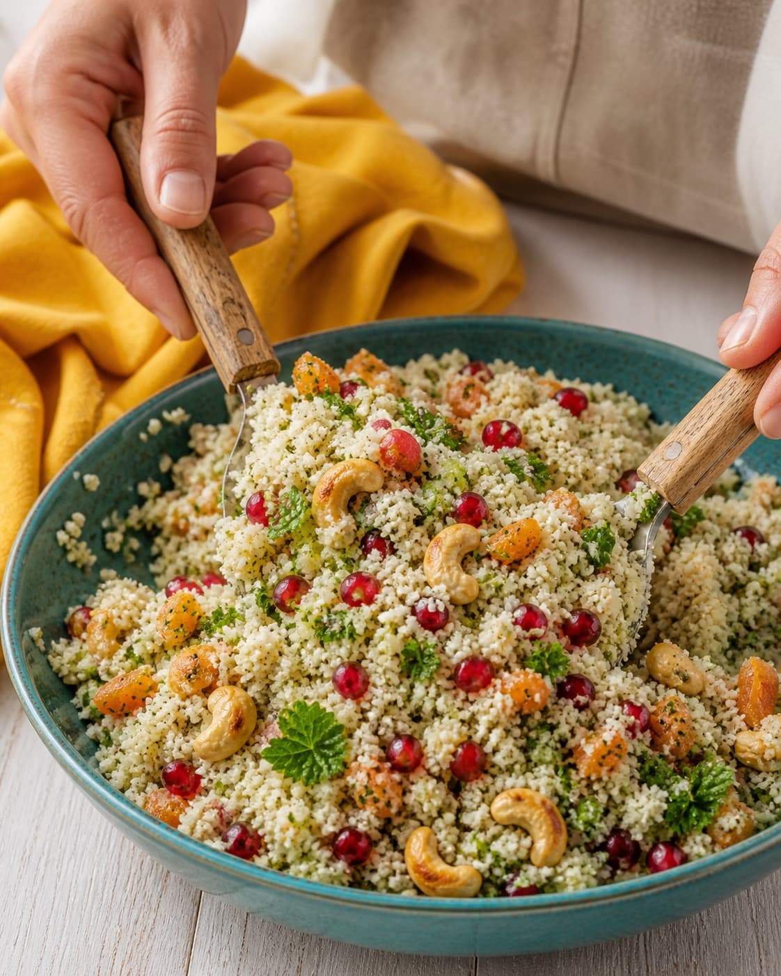 blomkålscouscousen vendes nænsomt med spidskommen-citrondressingen under tilberedningen af blomkålscouscous med granatæble, cashew og abrikos