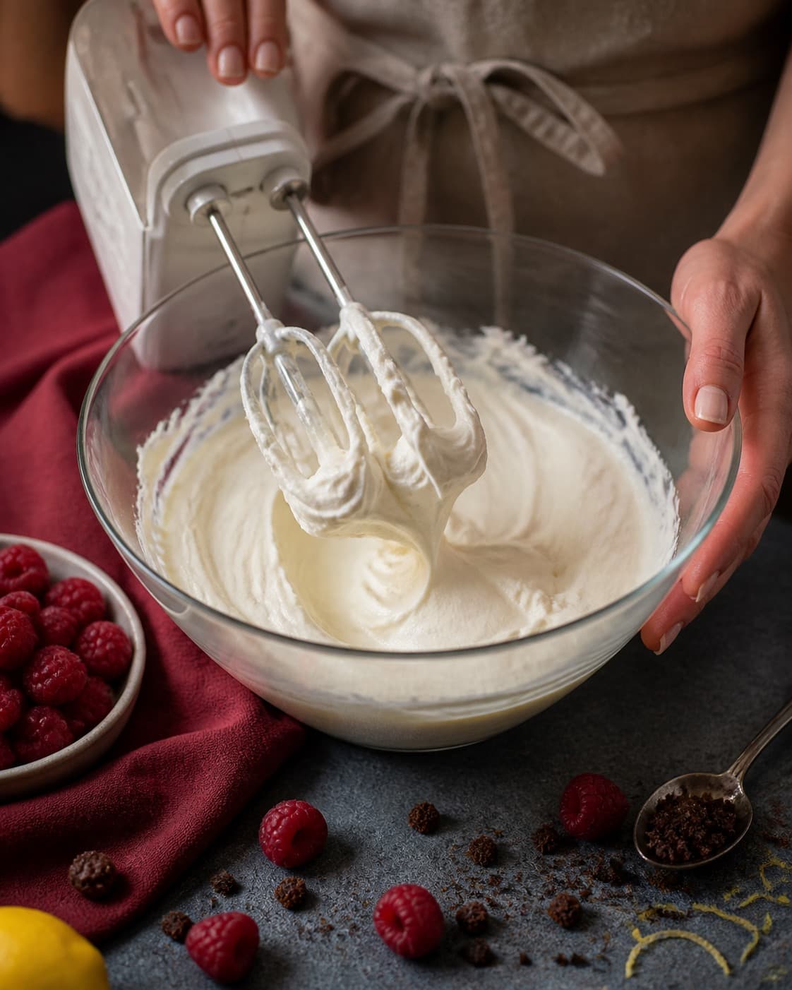 citronmascarponecremen piskes til bløde glatte toppe under tilberedningen af hindbærtrifli med rugbrødsknas og citronmascarpone