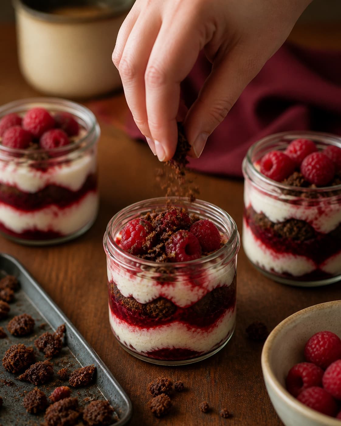 hindbærtriflien afsluttes kold med karamelliseret rugbrødsknas under tilberedningen af hindbærtrifli med rugbrødsknas og citronmascarpone