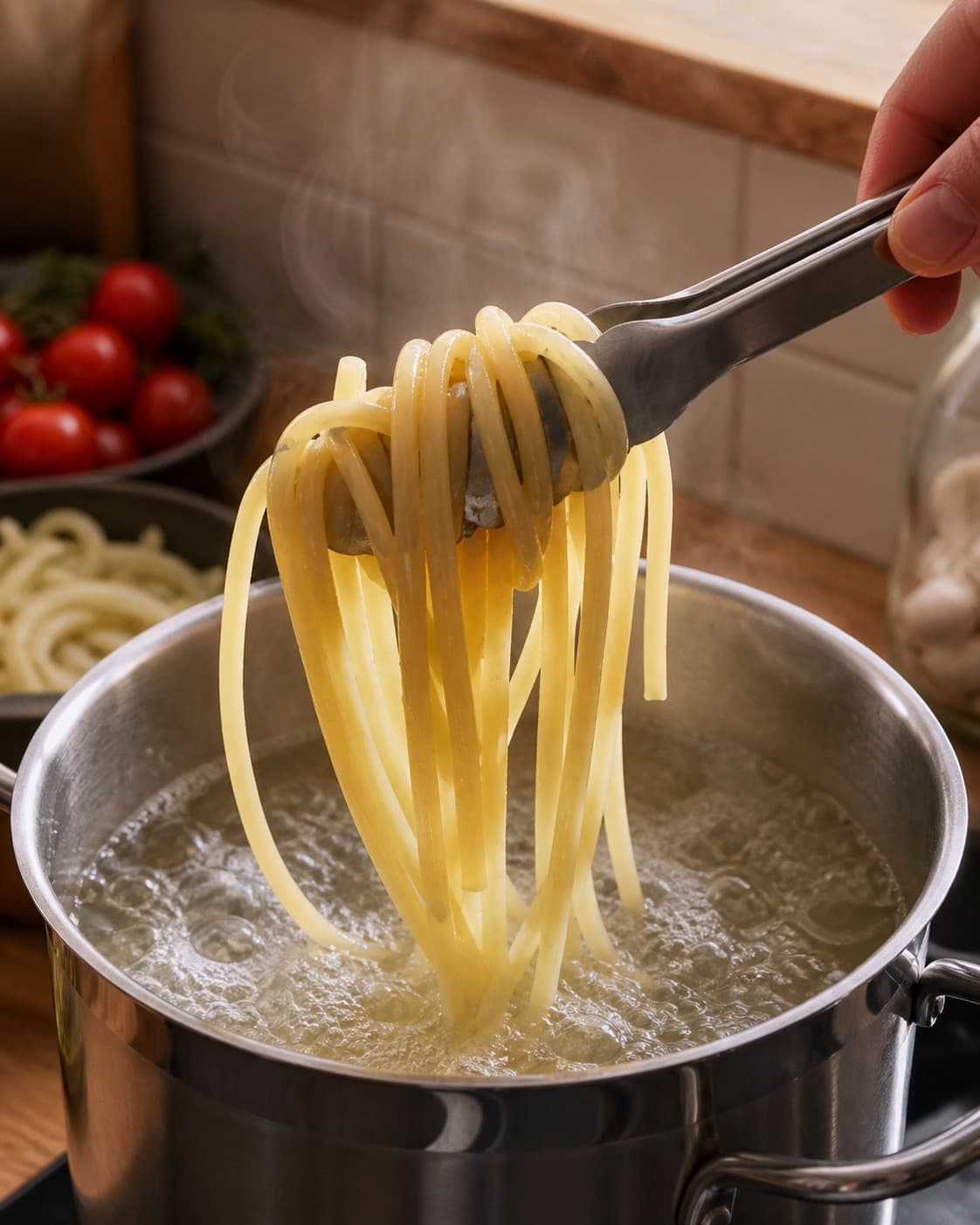 Pasta løftes fra boblende vand med tydelig fast kerne under tilberedningen af pasta med bagte tomater, burrata og fennikel