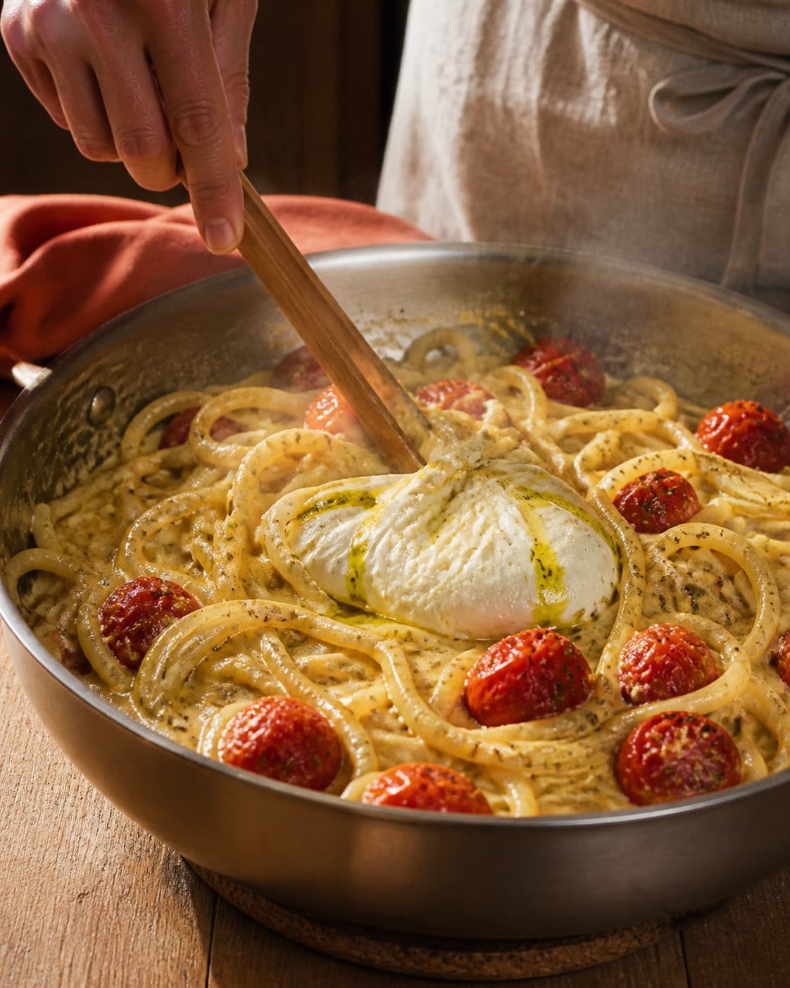 pasta med bagte tomater justeres cremet væk fra hård varme under tilberedningen af pasta med bagte tomater, burrata og fennikel
