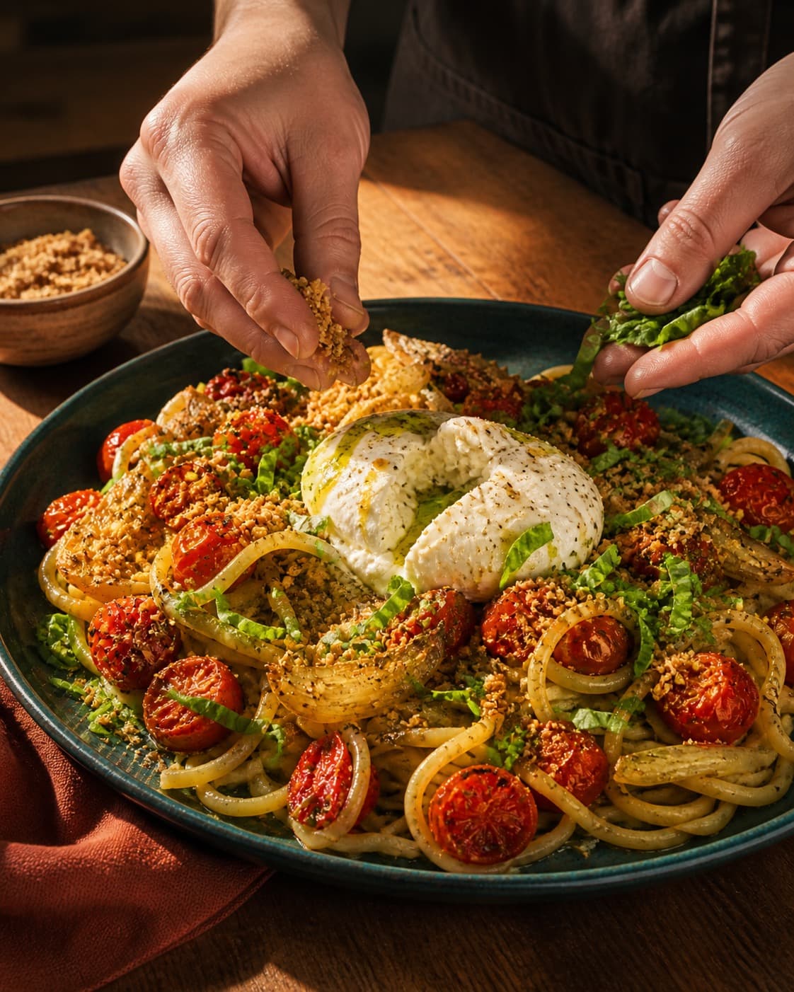 pasta med bagte tomater får burrata, basilikum og fennikelkrumme lige før servering under tilberedningen af pasta med bagte tomater, burrata og fennikel