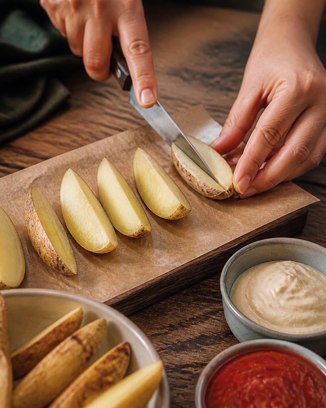 kartoffelstavene deles i ens tørre portioner til de grove pommes frites under tilberedningen af grove pommes frites med rosmarin og citronaioli