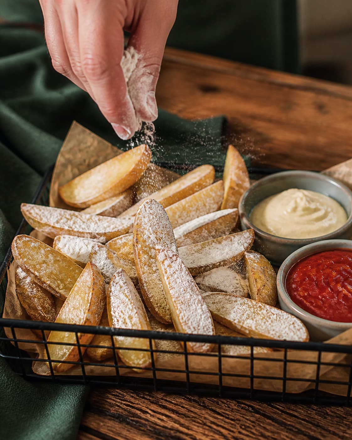 kartoffelstavene dækkes jævnt med et tyndt lag majsstivelse og olie under tilberedningen af grove pommes frites med rosmarin og citronaioli