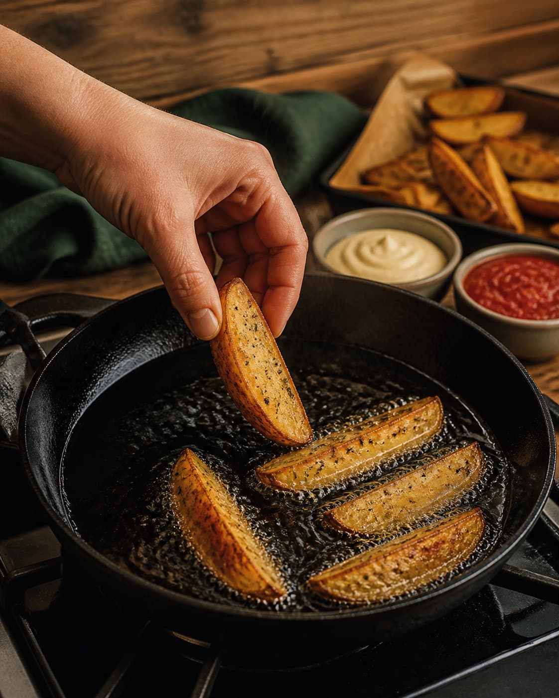 de grove pommes frites tilberedes gyldent i små adskilte hold under tilberedningen af grove pommes frites med rosmarin og citronaioli