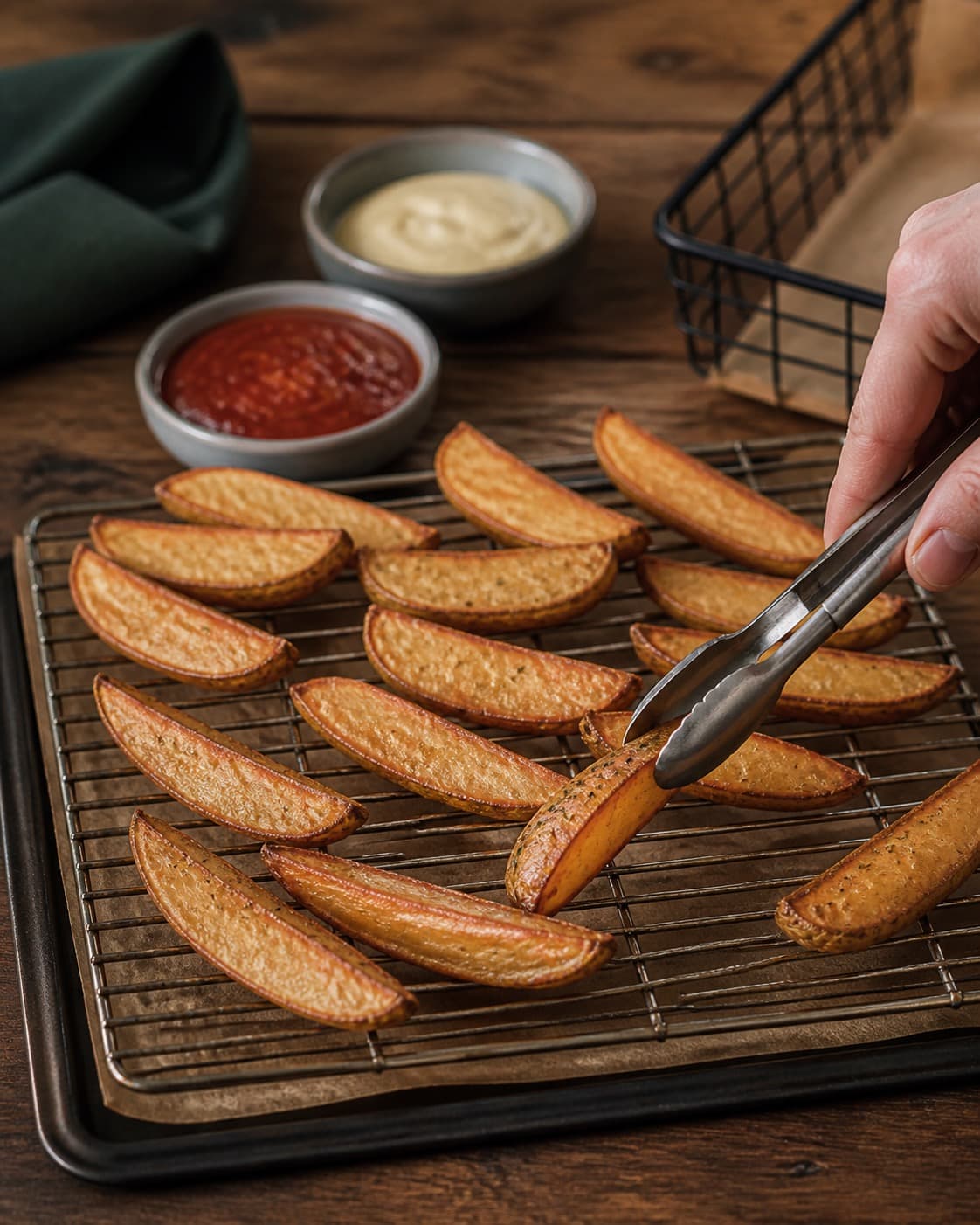 de grove pommes frites drypper af i ét lag på en rist under tilberedningen af grove pommes frites med rosmarin og citronaioli